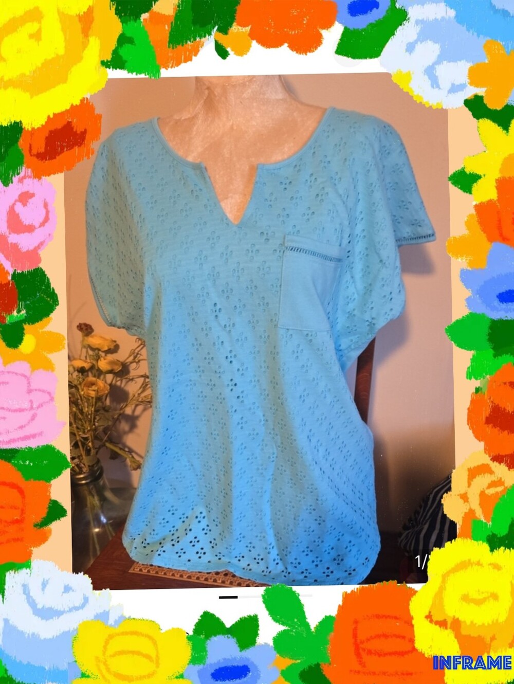 Leo & Nicole Sky Blue Eyelet Notch-Neck Tee Size Medium